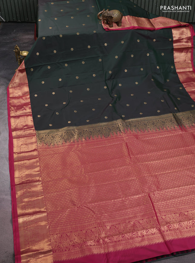 Bangalori silk saree bottle green and pink with allover zari woven buttas and zari woven border