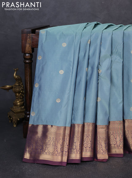 Bangalori silk saree pastel blue and coffee brown with allover zari woven buttas and zari woven border