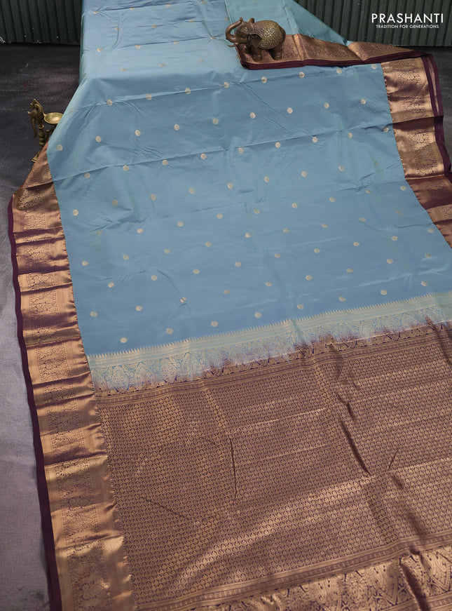 Bangalori silk saree pastel blue and coffee brown with allover zari woven buttas and zari woven border