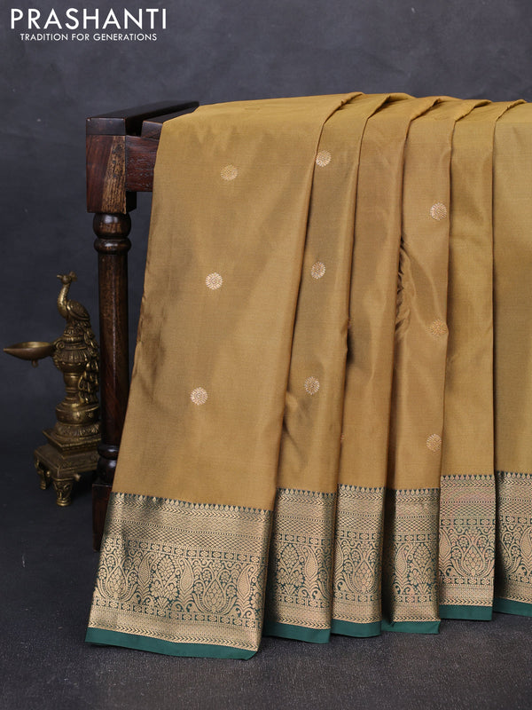 Bangalori silk saree dark mustard and bottle green with allover zari woven buttas and zari woven border