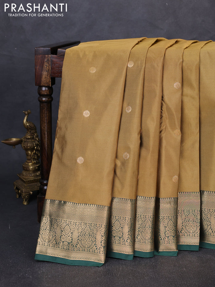 Bangalori silk saree dark mustard and bottle green with allover zari woven buttas and zari woven border