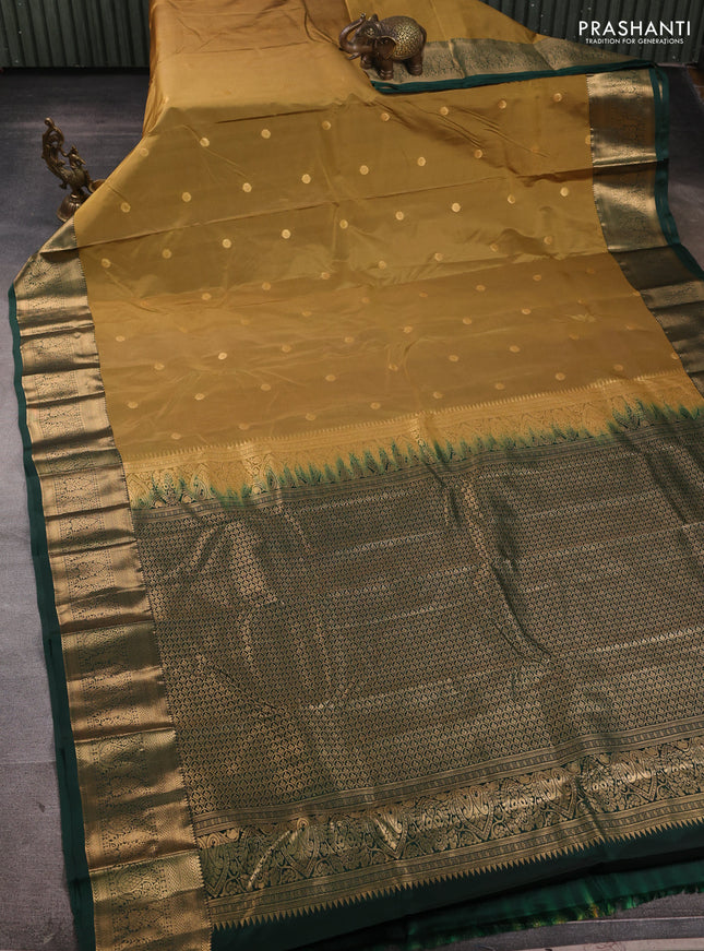Bangalori silk saree dark mustard and bottle green with allover zari woven buttas and zari woven border