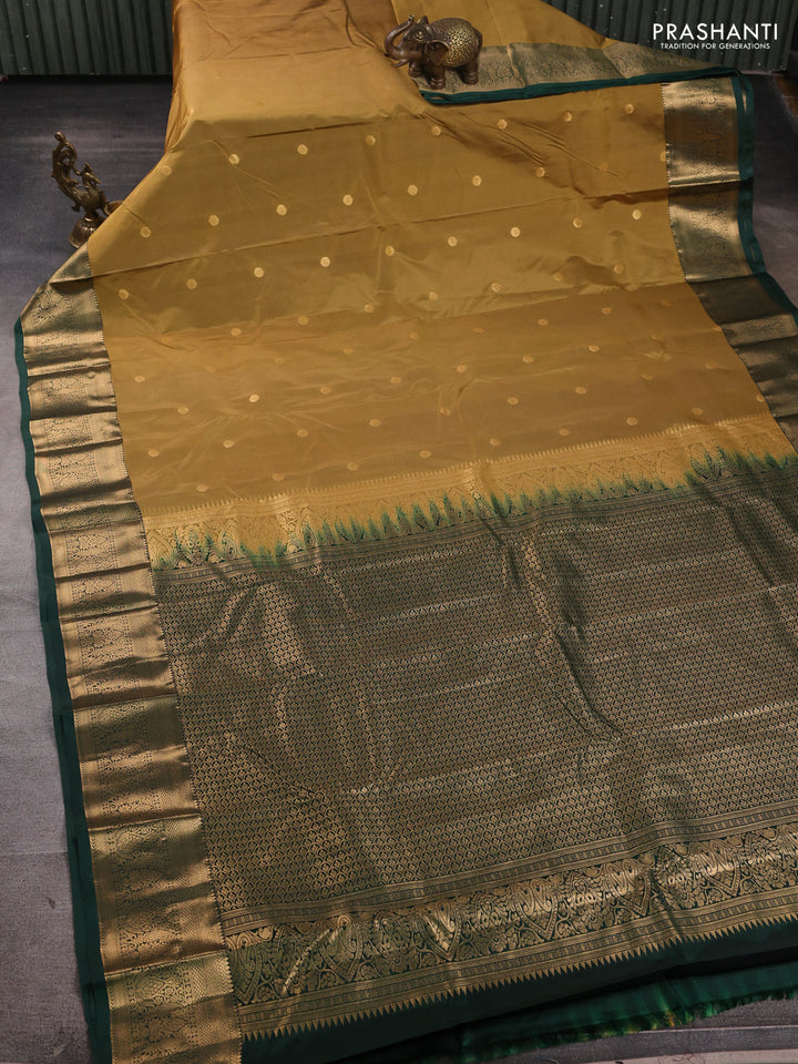 Bangalori silk saree dark mustard and bottle green with allover zari woven buttas and zari woven border