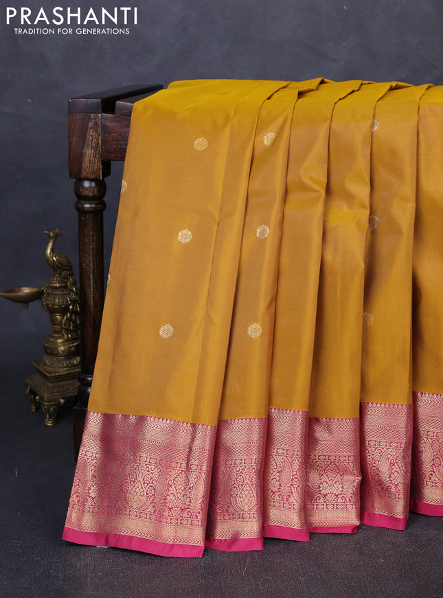 Bangalori silk saree mustard yellow and maroon with zari woven buttas and zari woven border