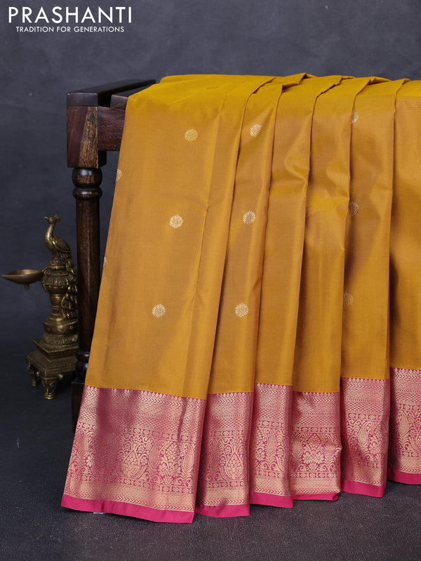 Bangalori silk saree mustard yellow and maroon with zari woven buttas and zari woven border