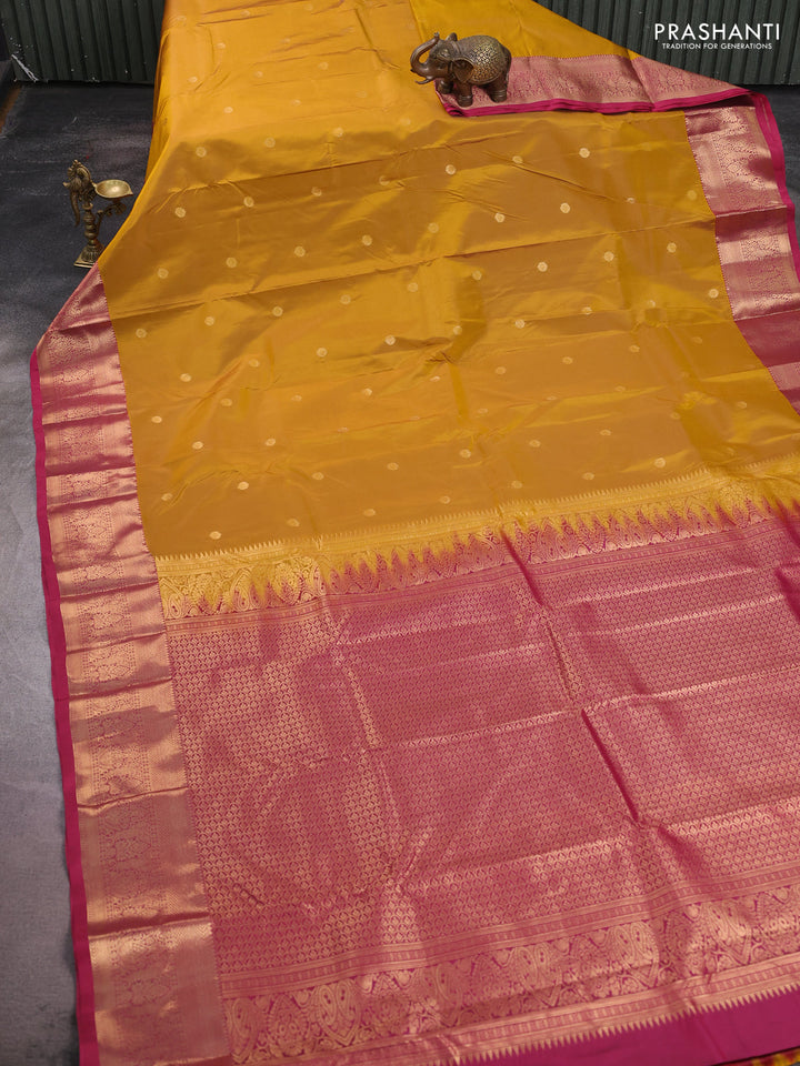 Bangalori silk saree mustard yellow and maroon with zari woven buttas and zari woven border
