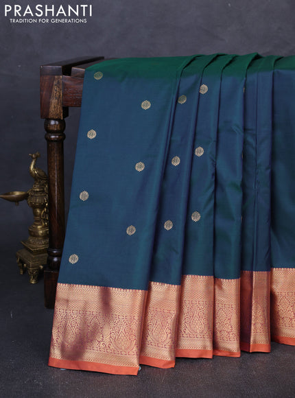 Bangalori silk saree bottle green and rust shade with zari woven buttas and zari woven border