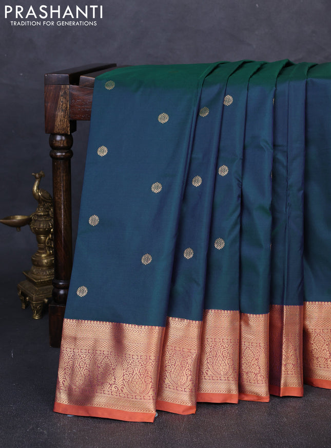 Bangalori silk saree bottle green and rust shade with zari woven buttas and zari woven border