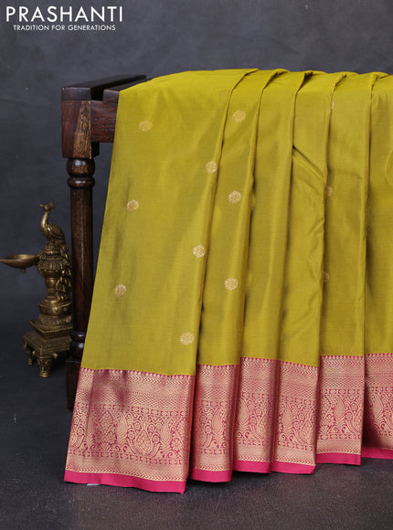 Bangalori silk saree mustard green and pink with allover zari woven buttas and zari woven border