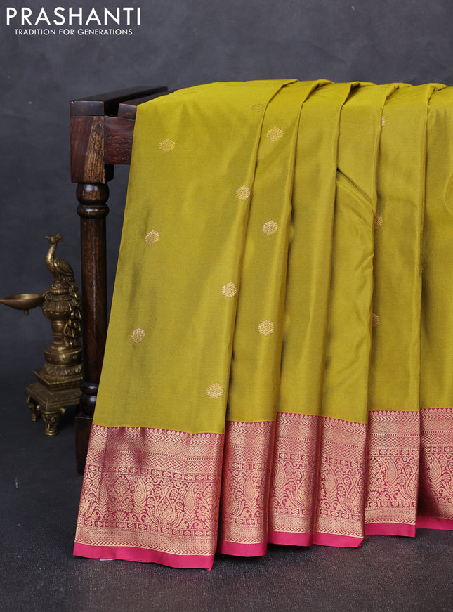 Bangalori silk saree mustard green and pink with allover zari woven buttas and zari woven border