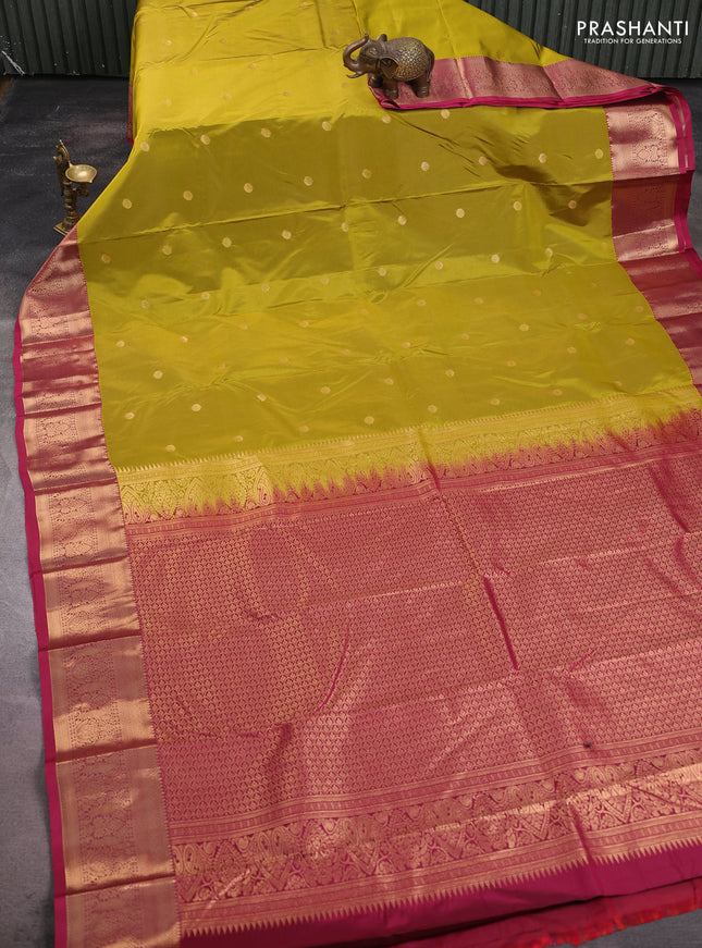 Bangalori silk saree mustard green and pink with allover zari woven buttas and zari woven border