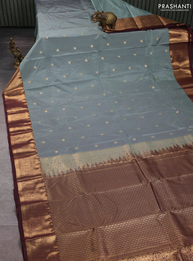 Bangalori silk saree pastel green and coffee brown with allover zari woven buttas and zari woven border