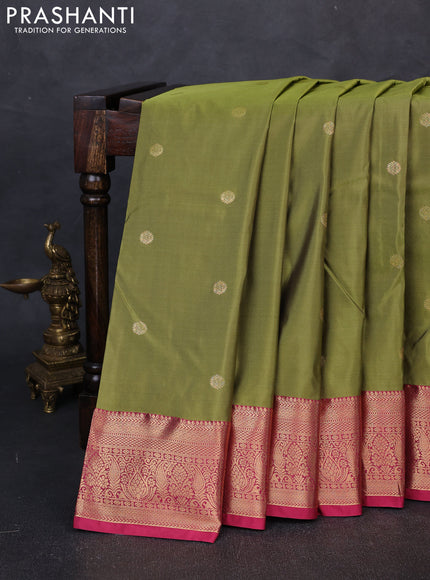 Bangalori silk saree mehendi green and pink with allover zari woven buttas and zari woven border