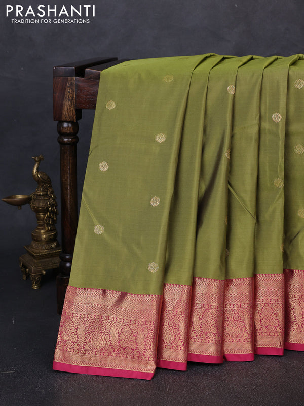 Bangalori silk saree mehendi green and pink with allover zari woven buttas and zari woven border