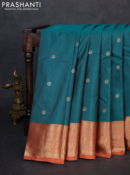 Bangalori silk saree teal green and rust shade with allover zari woven buttas and zari woven border