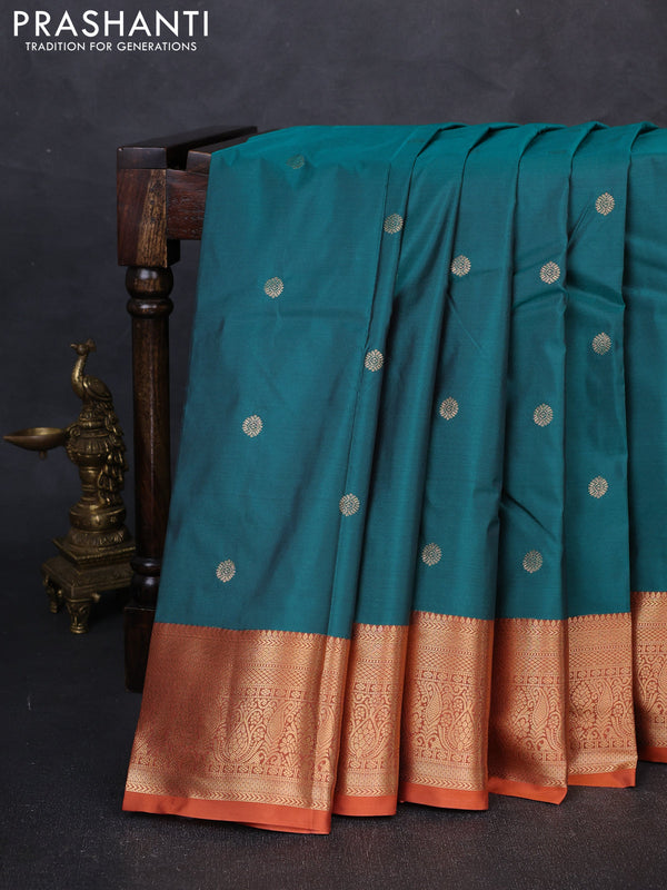 Bangalori silk saree teal green and rust shade with allover zari woven buttas and zari woven border