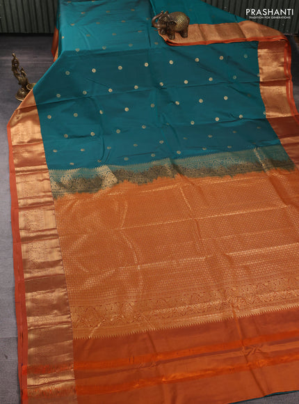 Bangalori silk saree teal green and rust shade with allover zari woven buttas and zari woven border