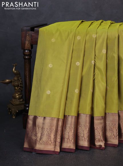 Bangalori silk saree lime green and coffee brown with allover zari woven buttas and zari woven border