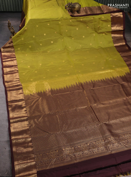 Bangalori silk saree lime green and coffee brown with allover zari woven buttas and zari woven border