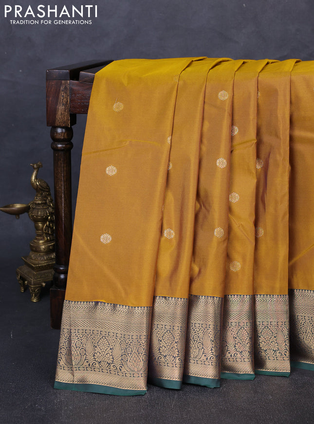 Bangalori silk saree mstard yellow and green with allover zari woven buttas and zari woven border