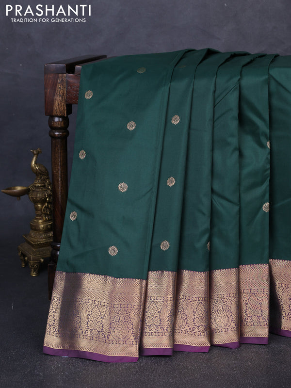 Bangalori silk saree bottle green and purple with allover zari woven buttas and zari woven border