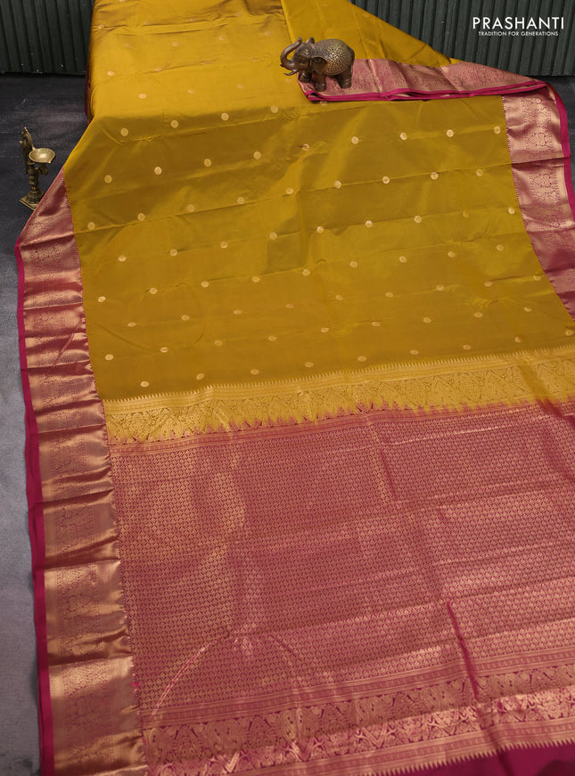 Bangalori silk saree mustard yellow and pink with allover zari woven buttas and zari woven border