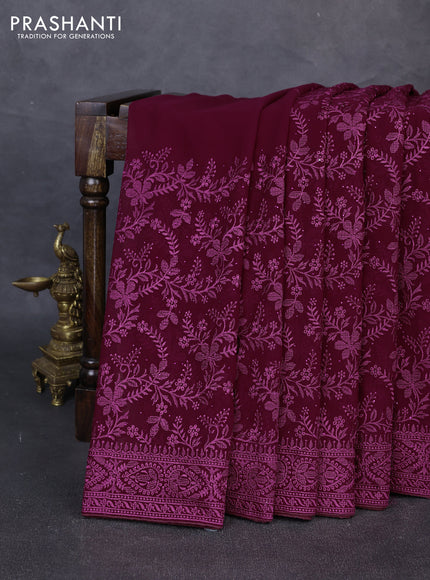 Georgette saree deep wine with allover embroidery & stone work