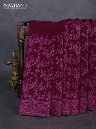 Georgette saree deep wine with allover embroidery & stone work