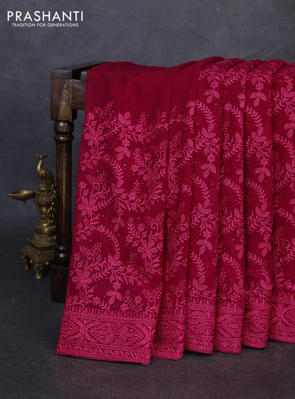 Georgette saree maroon pink with allover embroidery & stone work