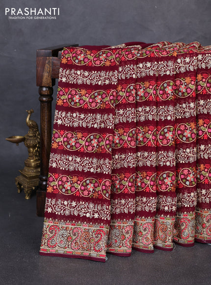 Georgette saree deep wine with allover embroidery & stone work