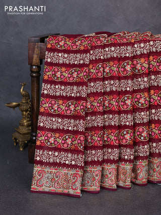 Georgette saree deep wine with allover embroidery & stone work