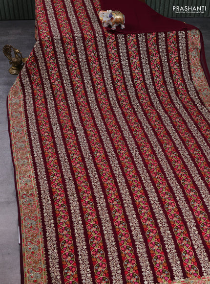 Georgette saree deep wine with allover embroidery & stone work