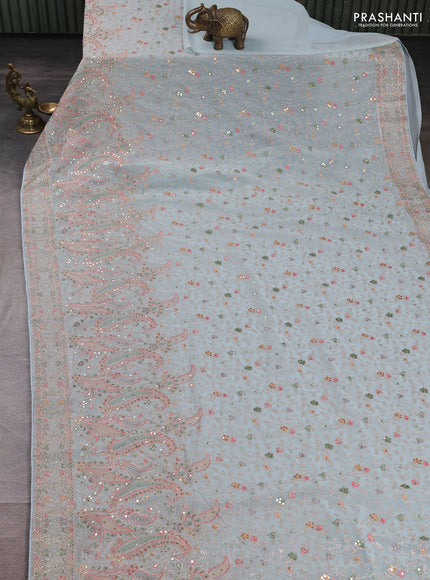 Georgette saree pastel blue with allover embroidery & sequin work and embroidery stone work border