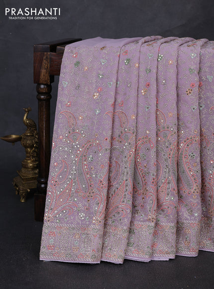 Georgette saree pastel lavender with allover embroidery & sequin work and embroidery stone work border