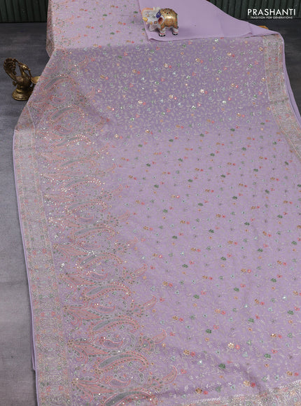 Georgette saree pastel lavender with allover embroidery & sequin work and embroidery stone work border