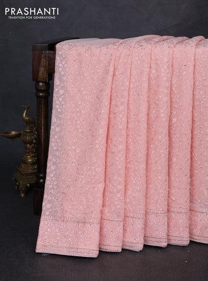Georgette saree peach with allover embroidery & stone work