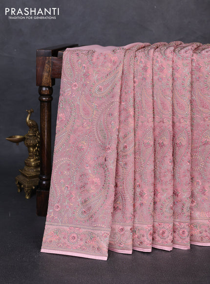 Georgette saree peach pink with allover embroidery & stone work