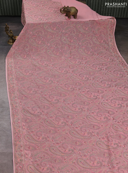 Georgette saree peach pink with allover embroidery & stone work
