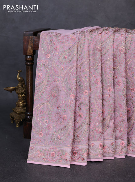 Georgette saree mauve pink with allover embroidery & stone work