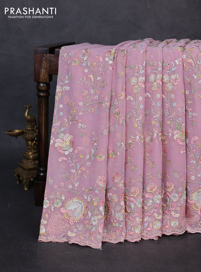 Georgette saree pastel pink with allover embroidery & stone work