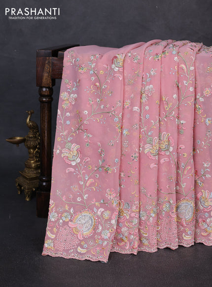 Georgette saree peach pink with allover embroidery & stone work