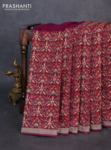 Georgette saree deep wine with allover embroidery & stone work