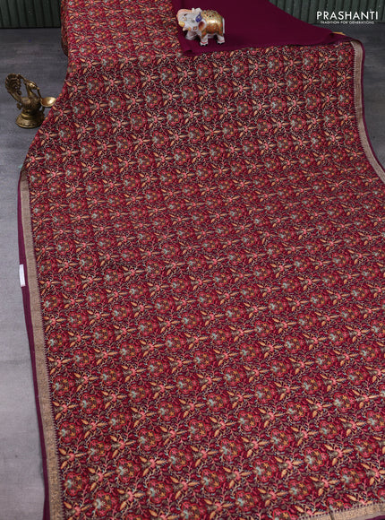 Georgette saree deep wine with allover embroidery & stone work