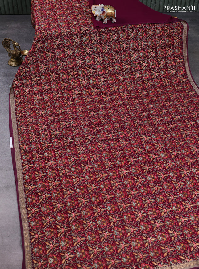 Georgette saree deep wine with allover embroidery & stone work