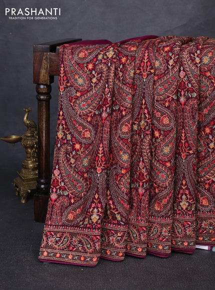 Georgette saree deep wine with allover embroidery & stone work