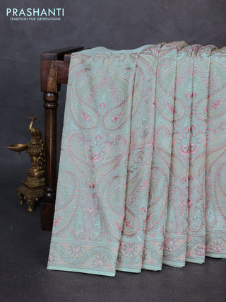 Georgette saree pista green with allover embroidery & stone work