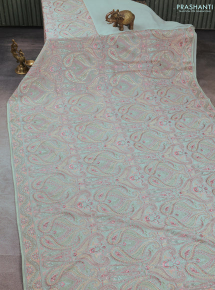 Georgette saree pista green with allover embroidery & stone work