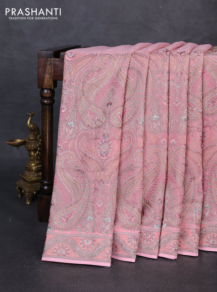 Georgette saree light pink with allover embroidery & stone work