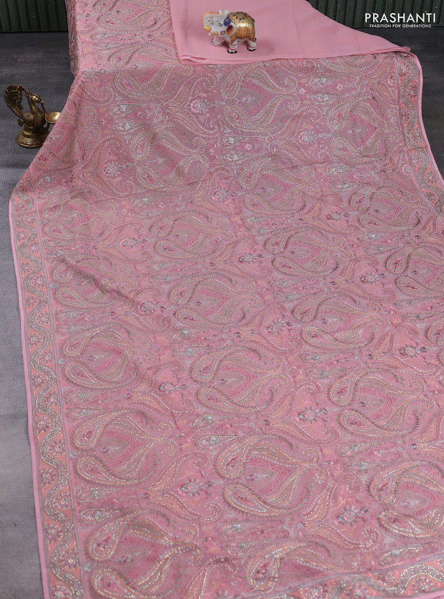 Georgette saree light pink with allover embroidery & stone work