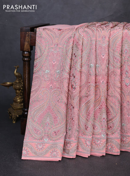 Georgette saree peach pink with allover embroidery & stone work